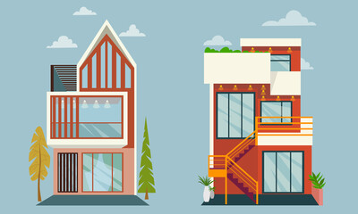 Modern house, cottage. Set. Home exterior design. vector illustration