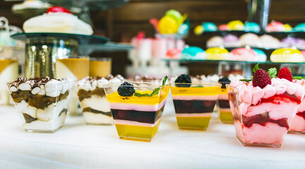 A variety of colored desserts in a glass. Colorful jelly dessert in a glass. Multicolored cream dessert in a glass.