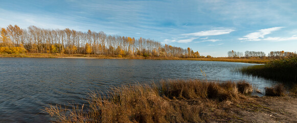 panoramic autumn picture with forest and lake 