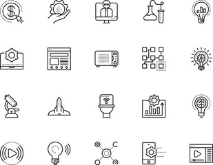technology vector icon set such as: online business, content, minimalistic, training, support, artificial, pay, glass, pay per click, stock, chemical, rocket, lens, inventions, living, course, fire