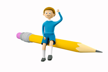 Schoolboy Nick sits on a pencil and flies to knowledge. Desire to learn. 3d illustration. 3d rendering - 388057614