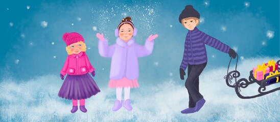 Merry Christmas and a happy new year! Illustration with the congratulation of the coming year. Santa claus on a snowmobile. Children Playing Outside In Winter. Banner