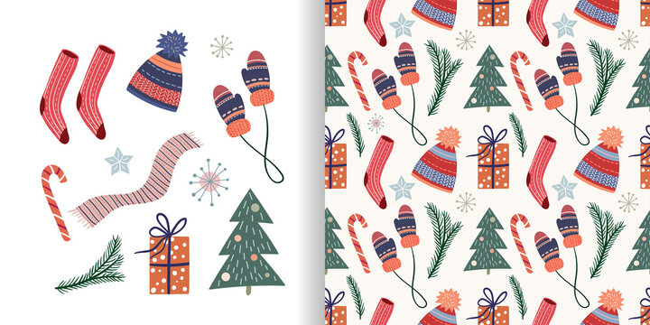 Christmas set with seamless pattern and cute winter cozy elements, vector design