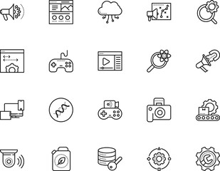 technology vector icon set such as: source, editable, safety, spy, cam, song, manufacturing, upload, medical, biology, preferences, finance, support, genetic, analytics, end, shutter, lock, progress