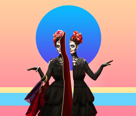 Portrait of caucasian woman in bright colors. Dia de Muerto. Trendy neon lighted background with copyspace for ad. Modern design. Contemporary art collage. Inspiration, mood, creativity concept.