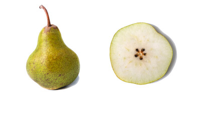 Ripe green pear and pear slice isolated on white background.