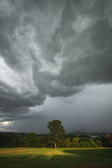 Obraz na płótnie Canvas Thunderstorm clouds over a tree on a field