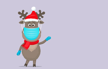 polar deer in a Santa Claus hat in a medical mask and surgical gloves.