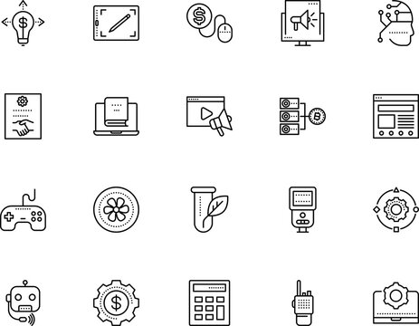 technology vector icon set such as: help, process, calculator, energy, open, company, click, macro, receiver, channel, engineering, chatbot, email, gadgets, handshake, cyborg, support, gamer