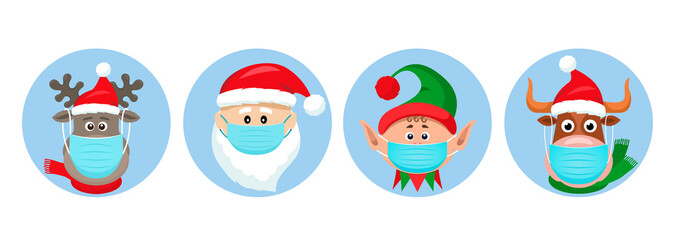 set of Christmas pandemic stickers. Santa Claus, deer, elf, bull in medical protective masks.