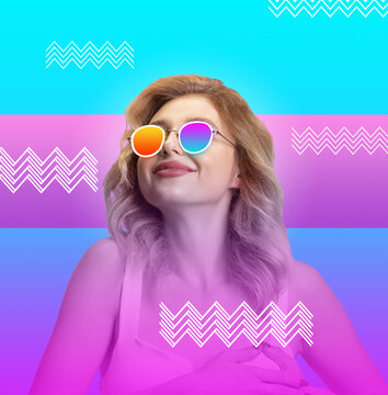 Pink and blue. Portrait of caucasian woman in bright colors. Trendy neon lighted background with copyspace for ad. Modern design. Contemporary art collage. Inspiration, mood, creativity concept.