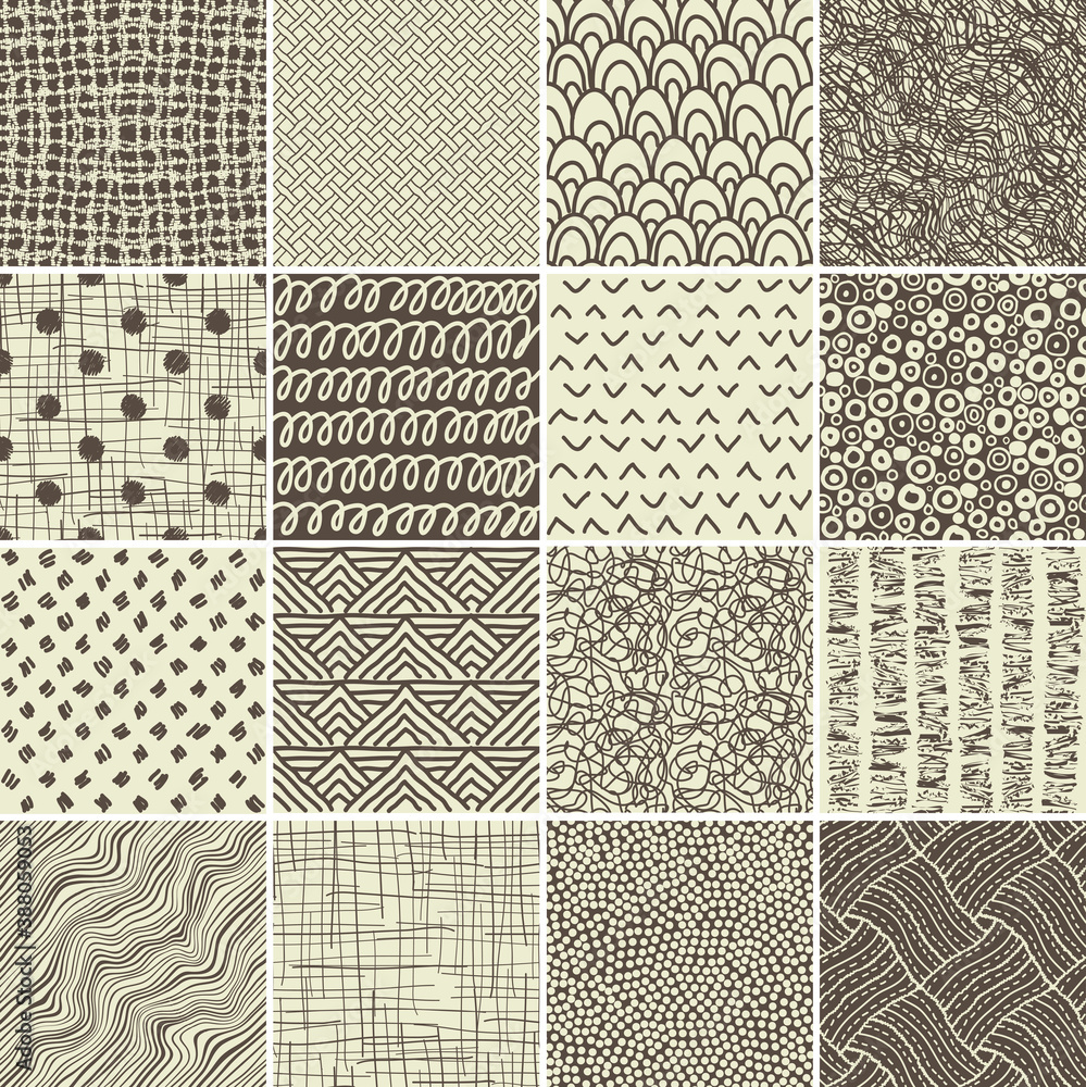 Poster set of 16 doodle seamless patterns and textures. Vector