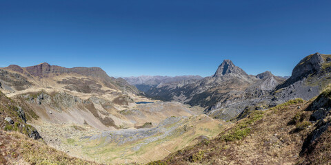 Panorama of Ossau Valley with Pic du Midi d'Ossau mountain, Pyrenees National Park, France