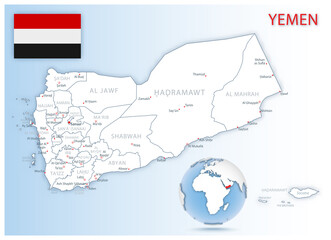 Obraz premium Detailed Yemen administrative map with country flag and location on a blue globe.