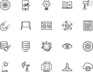 technology vector icon set such as: innovation, learning, human, access, target, go, face, desktop, zoom, horseshoe, microchip, drone, optimization, home, vehicle, flash, travel, turbine, focus