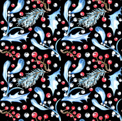 Watercolor seamless winter pattern with berries and blue foliage
