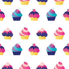 Seamless pattern with various cupcakes. Various sweets on white background. Confectionery with decorated berries and sprinkles