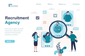 Fototapeta na wymiar Recruitment agency, landing page template. Process of searching, assessing skills and recruiting staff. Various resumes of people candidates.