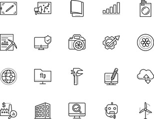 technology vector icon set such as: earth, wireless, progress, water, process, hotel, building, social, speed, micrometer, project, promotion, creative, flash, gadgets, laptop, electricity, user