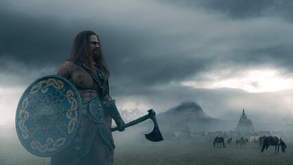 Viking warrior holding an ax with a shield  on a foggy landscape with ancient village and horses in northern panorama - concept art - 3D Rendering - obrazy, fototapety, plakaty