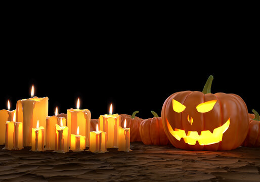 Halloween day concept on black background.big pumpkin with an orange light devil smile face.big candle and light on the dirt ground. black copy space. night decoration design. 3d illustrator.