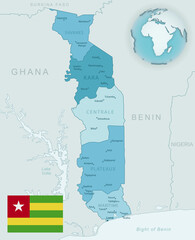 Blue-green detailed map of Togo administrative divisions with country flag and location on the globe.