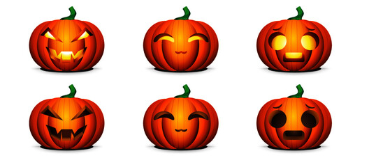 Set of fantasy cartoon happy holidays halloween Jack o lantern orange pumpkin design in different scary angry, funny surprised and cute smile cat faces isolated on white background vector illustration