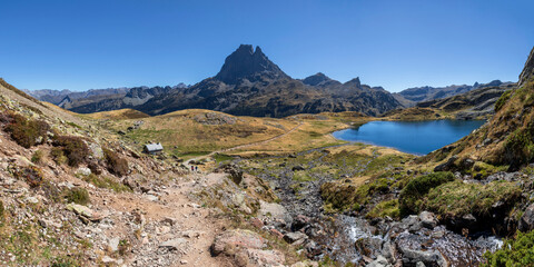 Pic du Midi d'Ossau mountain rising above the Ossau Valley, hiking around the Lac d’Ayous, Pyrenees, France