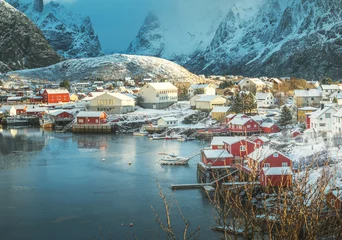 Photo sur Plexiglas Reinefjorden snow in Reine Village, Lofoten Islands, Norway