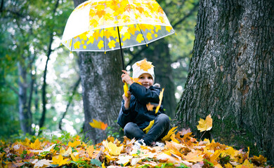 Cute little child with umbrella in autumn