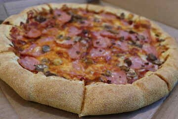huge pizza with vegetables and mushrooms view