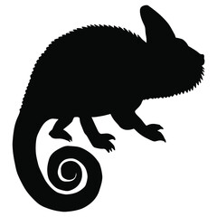 Hand drawn vector silhouette of  chameleon isolated on white background. Black and white  stock illustration of lizard.