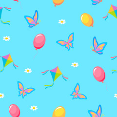 Summer kids vacation seamless pattern. Red balloon flying purple butterflies with yellow tint airy toy kite with green stripes white chamomile flowers on blue vector background.