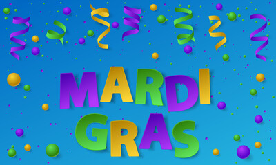 Poster with green, yellow and violet dust, confetti, balls and serpentine, ribbon. Vector illustration. Paper lettering Mardi Gras on blue backgound. Elements for banner, holiday, party.