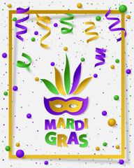 Poster with green, yellow and violet dust, confetti, frame, balls and serpentine, ribbon. Vector illustration. Paper mask and lettering Mardi Gras on white backgound. For banner, holiday, party.
