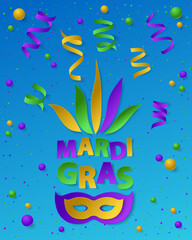 Fototapeta na wymiar Poster with green, yellow and violet dust, confetti, balls and serpentine, ribbon. Vector illustration. Paper mask and lettering Mardi Gras on blue backgound. Elements for banner, holiday, party.
