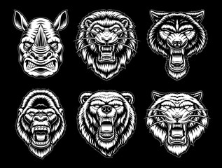 A set of black and white vector animal illustrations such as a wolf, a tiger, a lion, and others. These illustrations can be used as logotypes for sports teams and for many other uses.