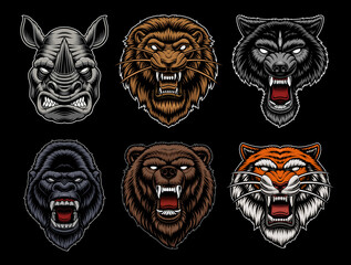 A set of different vector animal mascots such as a wolf, a tiger, a lion, and others. These illustrations can be used as logotypes for sports teams and for many other uses.