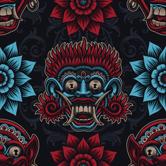 Seamless background for Asian theme with traditional Indonesian barong masks and beautiful flowers.