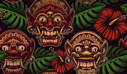 Colorful seamless background for an Asian theme with traditional Indonesian masks and tropical plants.