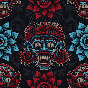 Seamless background for Asian theme with traditional Indonesian barong masks and beautiful flowers.