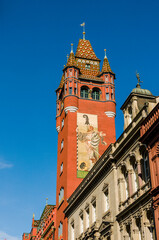 Fototapeta premium Basel, Rathaus, Marktplatz, Basel-Stadt, Altstadt, Stadt, Altstadthäuser, Stadtrundgang, Grossbasel, Rhein, Sommer, Herbst, Schweiz
