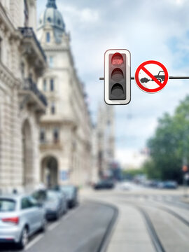 Traffic Light And Prohibition Sign For Diesel And Petrol Cars In The Historical Part Of The City. 3d Render.