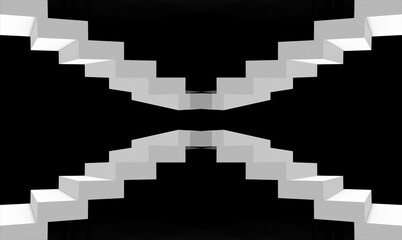 3d rendering. symmetry white stairs up and down on black background.