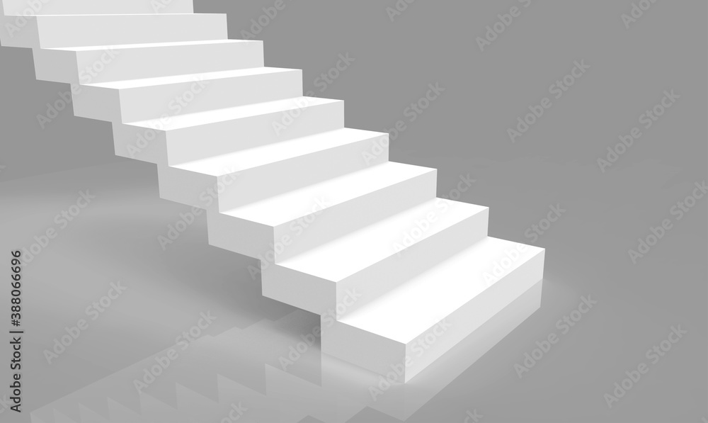Poster 3d rendering. simple minimal design white stairs on gray room background.