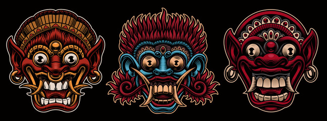 A set of colorful vector illustrations of traditional Indonesian masks, these designs can be used as a shirt print as well as for many other uses.