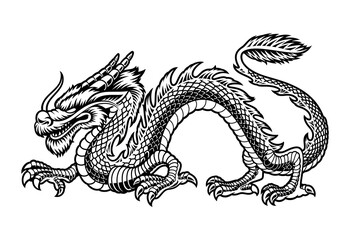A black and white vector illustration of a Chinese dragon, isolated on white background.