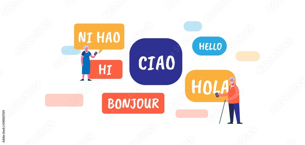 Poster different language. international red words in french blue english dialect global travel communicati