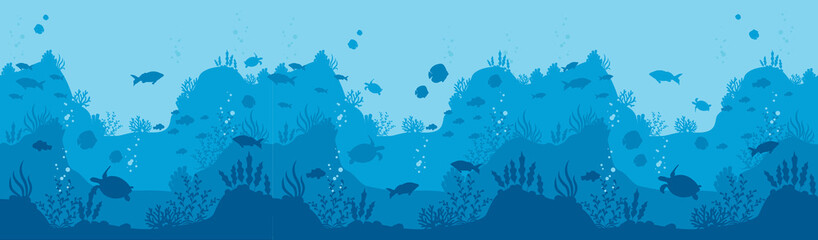 Fototapeta na wymiar Underwater world background. Horizontal blue depth with silhouettes of fish and sea turtles diving in mariana trench oceanic aquarium with underwater inhabitants exotic world vector diving.