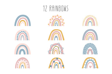 A set of cute children's rainbows in pastel colors for: posters, pajamas, notebooks, covers, sliders, hats, mugs, invitations. 12 vector rainbows isolated on a white background